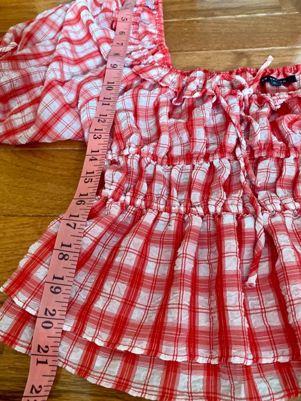 En Saison Red Plaid Smocked Milkmaid Top Puff Sleeve Peplum Cottagecore S - Picture 12 of 13